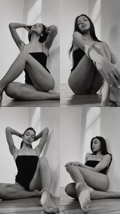 four photos of a woman in black swimsuit sitting on the floor with her hands behind her head