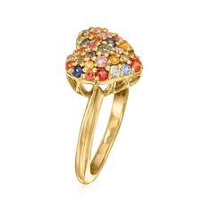 Ross-Simons - .60ct t. w. Multicolored Sapphire Heart Ring Over Sterling. Size 8. Fall in love with color! Our vibrant heart ring is sparked with .60 ct. t. w. round multicolored sapphires set in polished 18kt yellow gold over sterling silver. 3/8" wide. Multicolored sapphire heart ring. Heart-shaped Multicolor Promise Ring, Multicolor Heart-shaped Anniversary Ring, Multicolor Rings For Anniversary On Valentine's Day, Multicolor Rings For Anniversary Valentine's Day, Multicolor Rings For Valentine's Day Anniversary, Sapphire Heart Ring, Dress Reference, Fall In Love, Heart Ring