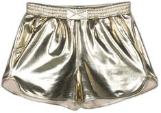 Gold Stretch Shiny Bottoms, Gold Stretch Summer Shorts, Gold Bottoms With Elastic Waistband For Summer, Metallic Shiny Stretch Shorts, Gold Stretch Short Bottoms, Metallic Athleisure Bottoms For Sports, Gold Stretch Bottoms Short Length, Running Shorts, Running