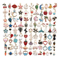 many different types of earrings on a white background