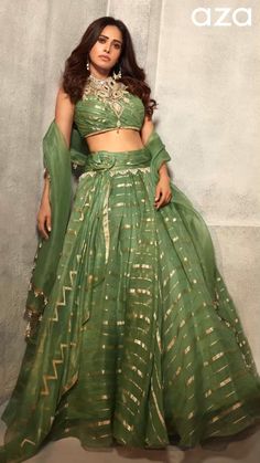 Draped Lehenga, Dhoom 2, Drape Lehenga, Lehenga Ideas, Haldi Photoshoot, Brocade Lehenga, Nushrat Bharucha, Mehendi Outfit, Gold Lehenga