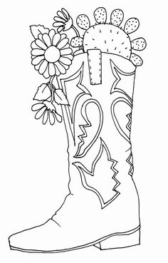 a cowboy boot with flowers in it and hearts on the inside, coloring pages for kids