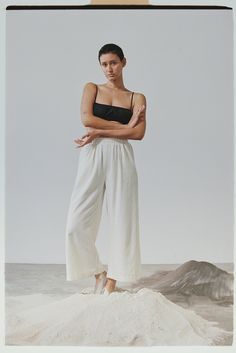 Crop Wide Leg, Regen Silk Noil, Natural | OZMA Chic Linen Wide Leg Pants With Pull-on Style, Chic Cropped Leg Loungewear Pants, Effortless Wide-leg Pants With Elastic Waistband, Relaxed Fit Wide Leg Pants With Gathered Waist, Effortless High-waisted Wide Leg Pants With Elastic Waistband, Chic Cropped Leg Lounge Pants, Gathered Waist Wide Leg Bottoms, Relaxed Fit Wide Leg Bottoms With Gathered Waist, Effortless Summer Wide Leg Pants With Elastic Waistband