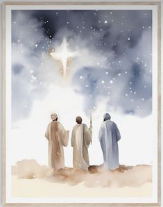 three men standing in front of a star with the words, jesus and mary above them