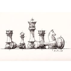 a black and white drawing of chess pieces