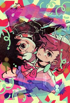 two anime characters are hugging in front of some colorful abstract shapes and colors on the background