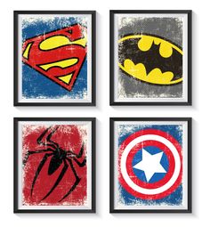 four framed pictures with superhero logos on them