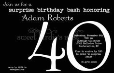 a black and white birthday party card with the number forty on it's front