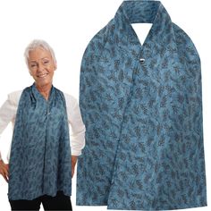 an older woman wearing a blue scarf with leaves on it, and the image is next to her