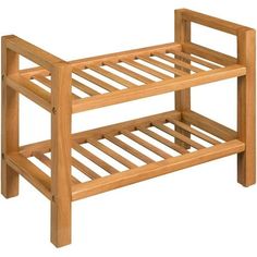 a wooden bed frame with two shelves on the bottom and one shelf below it that is made out of wood