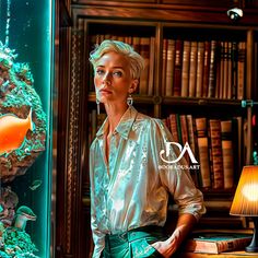 a woman standing next to a fish tank in a room with bookshelves and lamps