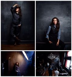 four different shots of a woman standing in front of a blackboard