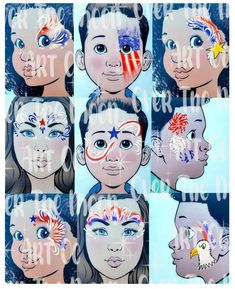 Fourth Of July Face Paint Easy, Face Painting Ideas For Kids 4th Of July, Independence Day Face Painting, Fourth Of July Face Painting, 4th Of July Body Painting, Facepainting Ideas Easy