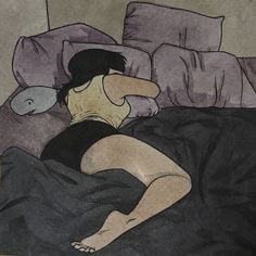 a drawing of a woman laying in bed with her head on the pillow and eyes closed