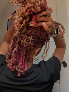 Cute Colors To Dye Your Locs, Pb J Hair Color Locs, Purple And Ginger Locs, Locs Colors For Women, Dyed Dreads Women, Brown And Pink Locs Black Women, Red And Blonde Hair Color Locs, Two Tone Loc Color