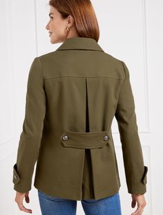 Our military-inspired peacoat is a timeless staple. In looks-good, feels-good twill. Beautifully tailored with flap front pockets and easy button front closures. Features Gift Box/Gift Wrap is not available for this item. Long Sleeve Hits At Hip Button front closure Flap front pockets Lined Imported Fit: Misses: 25"; Petite: 23 1/2"; Plus: 27 1/2"; Plus Petite: 25 1/2" Material: 97% Cotton, 3% Spandex; Lining: 100% Polyester Care: Dry Clean | Military Peacoat Talbots Double-breasted Utility Jacket With Pockets For Work, Khaki Double-breasted Pea Coat With Pockets, Double-breasted Khaki Pea Coat With Pockets, Double-breasted Utility Jacket With Pockets For Fall, Double-breasted Pea Coat With Pockets For Work, Fall Double-breasted Utility Jacket With Pockets, Double-breasted Office Blazer With Flap Pockets, Chic Double-breasted Outerwear With Flap Pockets, Military Utility Jacket With Lapel Collar For Fall