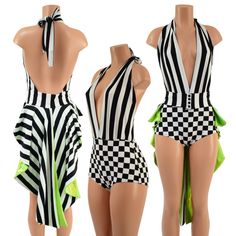 "This set includes both the romper, and the tux back belt. The romper is our Josie style romper, with black and white stripes for the bodice, and black and white checks for the hips. The tux back belt snaps at the waist, and is created in black and white stripes, with a neon lime holo liner. Made to order, ships out within five days of purchase. Womens Sizing (See below for instructions on where measurements should be taken) XXS: Bust 29\"-30\" / Waist 22\"-23\" / Hips 30\"-32\" Extra Small: Bus Circus Outfits, Rompers Womens Jumpsuit, 70s Outfits, Romper Black, Weird Fashion, Really Cute Outfits, Black Romper, Large Bust, Grunge Fashion