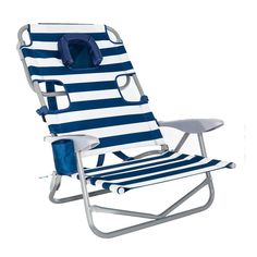 a blue and white striped lawn chair