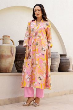 Pink A-line kurta with floral and honeycomb print and front gathers. Comes with pant and dupatta. - Aza Fashions V-neck Floral Print Kurta For Eid, Eid Floral Print V-neck Kurta, Floral Print V-neck Sets For Eid, V-neck Floral Print Sets For Eid, Spring Anarkali Kurta With V-neck, Unstitched V-neck Sets For Spring, Festive Floral Print V-neck Palazzo Set, Spring Multicolor V-neck Kurta, Festive V-neck Floral Print Palazzo Set