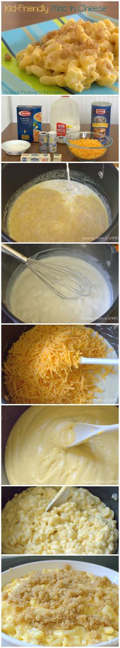 the process of making macaroni and cheese casserole is shown in three different stages