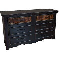 a black dresser with two drawers and gold trimmings on the top, against a white background