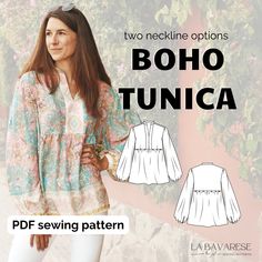 a woman wearing a blouse and white pants with the text boho tunca on it