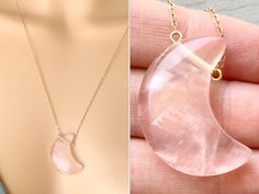 One of a kind extra large natural Rose Quartz crystal moon measuring 31mm x 20mm weighing .3oz will be handcrafted into a gorgeous necklace in quality 14k Gold Fill, Sterling Silver or Rose Gold fill chain in the length of your choice! This Rose Quartz is the most gorgeous soft candy floss pink and a must have for any collection! Photos taken in natural daylight so be sure to see all photos and video for every angle of this one of a kind Rose Quartz stone. Arrives ready to gift with information Pink Moon Shaped Jewelry Gift, Pink Moon-shaped Jewelry Gift, Pink Stone Necklace, Soft Candy, Crystal Moon, Candy Floss, Necklace Love, Rose Quartz Necklace, Moon Crystal