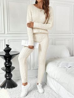 2pcs Women Autumn/Winter Plain Casual Comfortable Knit Sweater And Knit Pants Set Apricot Casual    Plain Pants High Stretch  Women Clothing, size features are:Bust: ,Length: ,Sleeve Length: Knit Loungewear Set, Knit Lounge Set, Knit Loungewear, Lounge Wear Set, Grey Cropped Hoodie, Loose Fit Sweater, Women Sweaters Winter, Co Ords, Women Sweater