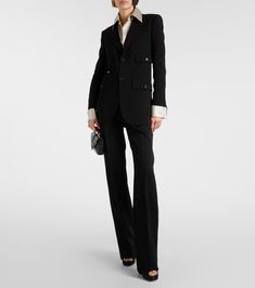 Crêpe blazer in black - Saint Laurent | Mytheresa Semi-formal Tuxedo Outerwear With Pockets, Tailored Button-up Elegant Suit, Elegant Tailored Button-up Suit, Chic Formal Outerwear With Flap Pockets, Elegant Button-up Business Suits, Elegant Single Breasted Button-up Suits, Elegant Business Suits With Button-up Style, Tuxedo Suits With Button Closure For Office, Designer Office Blazer