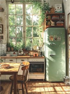 an old fashioned kitchen with green refrigerator and wooden table in front of large open window