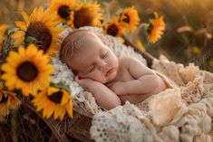 a baby sleeping in a basket with sunflowers