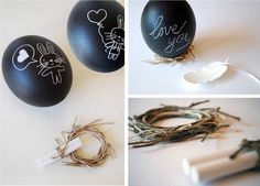 three pictures of easter eggs with writing on them