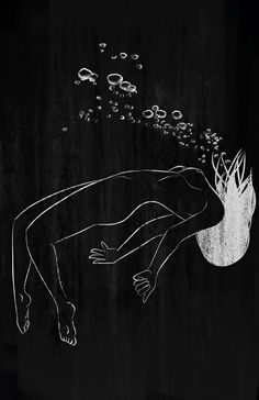 a black and white drawing of a woman floating in the air with bubbles coming out of her body