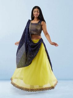 Lemon Yellow Organza Lehenga with Blue and Gold raw Silk Choli | Lehenga Dress | Indian Ethnic Wear | Indian Attire For Women | Lehenga Gold Festive Fusion Pre-draped Saree For Diwali, Bohemian Chanderi Choli In Blue, Yellow Bohemian Lehenga For Festive Occasions, Bohemian Blue Chanderi Choli, Bohemian Yellow Lehenga For Festive Occasions, Yellow Bohemian Festive Lehenga, Bohemian Yellow Lehenga For Diwali, Bohemian Yellow Festive Lehenga, Fusion Style Choli With Dupatta For Festivals