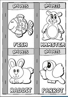 an animal coloring book with four different types of animals and their names in black and white