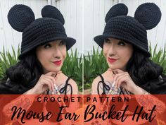 a woman wearing a black crochet hat with ears on her head and the words crochet pattern mouse ear bucket hat