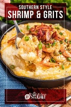 the southern style shrimp and grits is served in a skillet with a fork