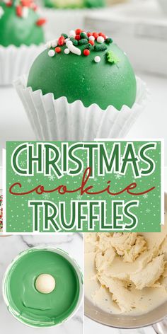 christmas cookie truffles with green frosting and sprinkles on top