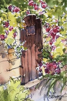 a watercolor painting of an open door surrounded by flowers