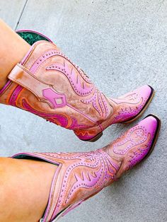 Pink And Orange Cowboy Boots, Pink Kentucky Derby Dresses, Fun Cowgirl Boots, Unique Cowgirl Boots, Fun Cowboy Boots, Neon Cowboy Outfit, Women’s Cowboy Boots, Pink Cowgirl Boots Outfit, Painted Cowboy Boots