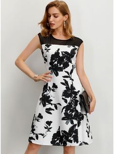 "a line scoop neck knee length polyester cocktail" JJsHouse.com.au en Dresses Formal Elegant, Dress Sweater, Black And White Dress, Party Wear Dresses, Dresses Shoes, Floral Sleeveless, Sewing Dresses, Simple Dresses, Stylish Dresses