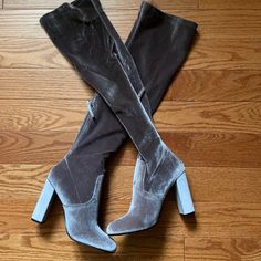 Grey Velvet Boots By Steve Madden. These Luxe, Stretch Velvet Boots Have An Almond Toe, And 24" Over-The-Knee Shaft. Collar Has A 14" Circumference. 8" Heel Zipper. Size 6 & Never Worn! Trendy Closed Toe Knee-high Boots For Fall, Winter Knee-high Closed Toe Boots For Party, Winter Party Knee-high Closed Toe Boots, Fitted Knee-high Boots With Closed Toe For Winter, Fitted Knee-high Closed Toe Boots For Winter, Trendy Almond Toe Knee-high Winter Boots, Trendy Closed Toe Knee-high Boots For Party, Trendy Party Knee-high Boots With Closed Toe, Trendy Party Knee-high Closed Toe Boots