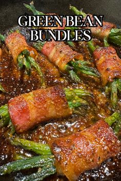 green bean and asparagus bundles in a skillet with the title overlay