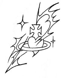 a black and white drawing of a heart flying through the air with stars around it