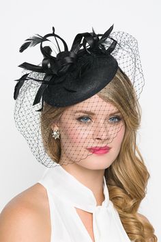 "\"Juliet\" Black Fascinator Headband Be the envy of the party in this elegant felt fascinator. The round felt base is covered with satin ribbon loops, adorned with flighty feathers and topped off with a birdcage veil. This gorgeous piece is perfect for any special occasion. - Easy wear headband - Optional; tuck-a-way veil - Available in several other colors Add Men's Matching Bow Tie: Don't you dare get caught mismatching your sweetie's favorite fascinator! Pippa & Pearl now carries bow tie Felt Fascinator, Fascinator Hats Outfit, Ribbon Embellishments, Fascinator Hats Wedding, Women Looks, Derby Fashion, Sinamay Fascinator, Bridal Fascinator, Black Fascinator