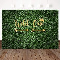 a wall with the words wild one and an arrow on it in gold foil lettering