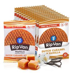 three boxes of ripvan waffles next to one box of caramel and vanilla