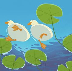 two ducks floating in the water with lily pads on their feet and one duck has its wings spread out