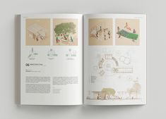 an open book with drawings and diagrams on the pages, showing people walking in different areas