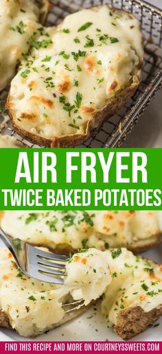 baked potatoes with parmesan cheese on top and air fryer in the background